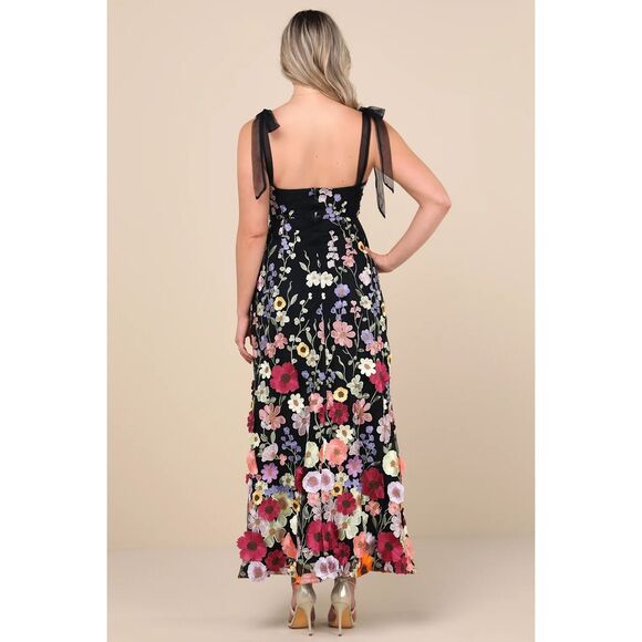 Lulus Thriving Poise Black 3D Floral Embroidered Tie-Strap Maxi Dress Size L NWT - Picture 9 of 15